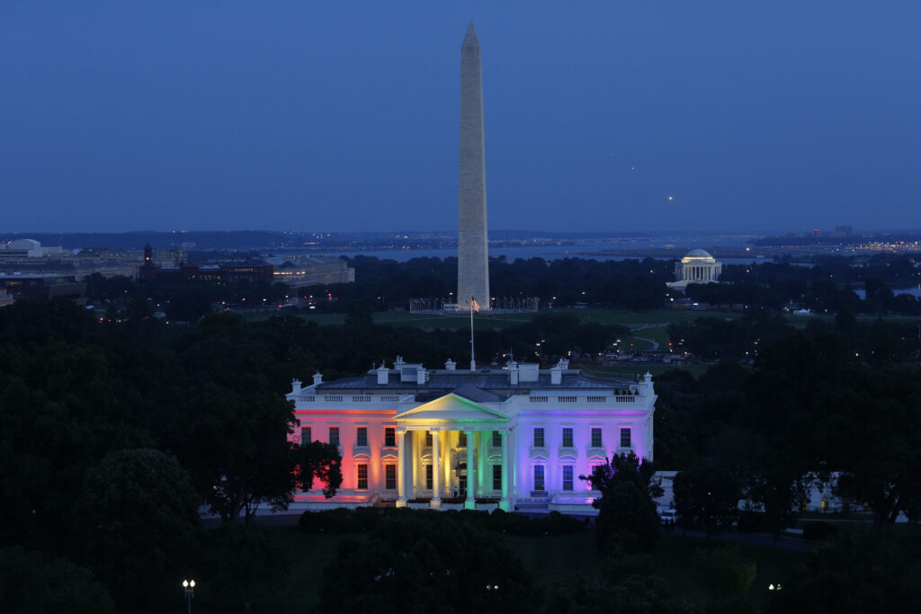 The White House is lit with the colors of the rainbow in celebration of the Supreme Court ruling on same-sex marriage, June 26, 2015. 